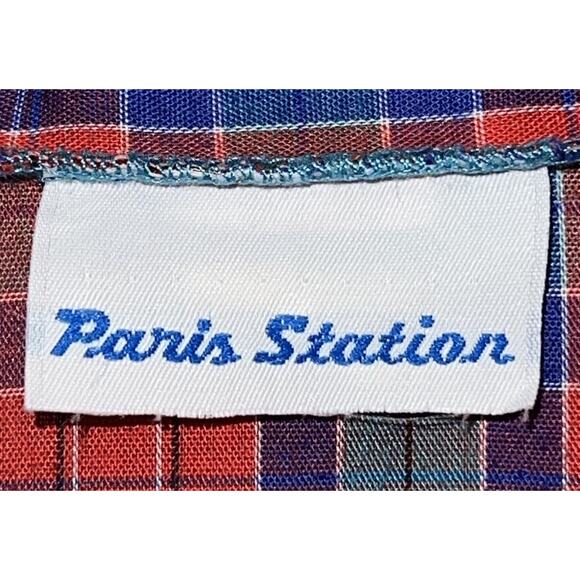 Vtg Paris Station Short Sleeve Top Shirt Red Blue Teal Plaid Blouse- Sz S - Picture 2 of 8